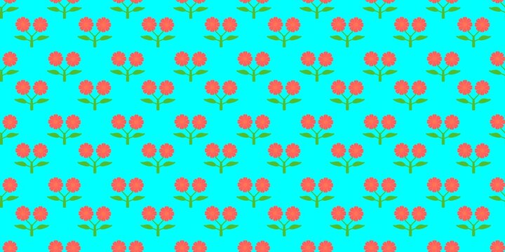 Seamless pattern of cute pink twin flowers on bright cyan background. Vibrant flat  floral background for wallpaper, fabric, and