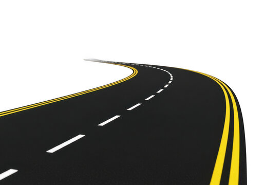 Asphalt road with yellow lines isolated on transparent background