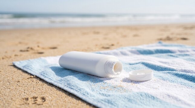 White sunscreen bottle lying open on a striped towel on a sandy beach with ocean waves in the background