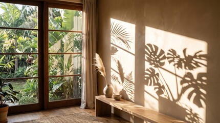 Fototapeta premium Warm Sunlight and Botanical Shadows on Wall in Aesthetic Living Room with Garden View Window