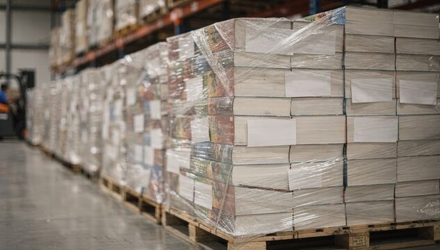 Medium shot capturing rows of palletized new release books shrinkwrapped with sharp labels contrasted by the soft blur of bustling storage racks.