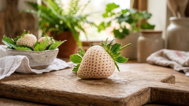 Fresh white pineberries with green leaves on a rustic wooden cutting board in a kitchen