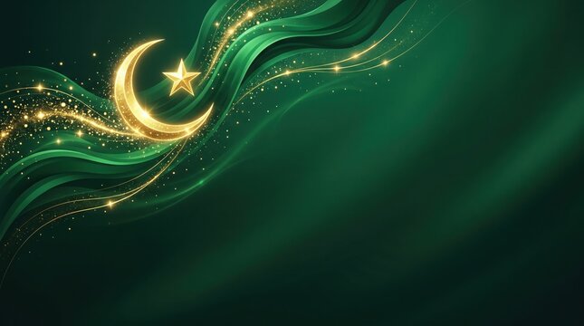 Crescent moon and star emblem glow amidst swirling green silk waves and shimmering golden dust particles.