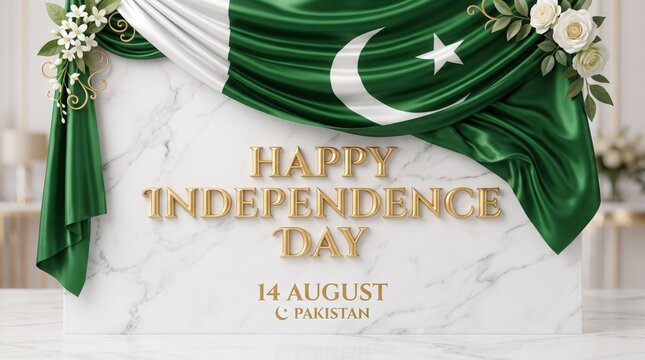 Pakistan flag hangs above a white marble surface decorated with fresh white flowers and golden text.