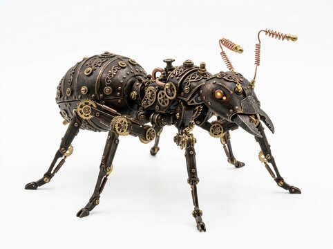 Steampunk Mechanical Ant Illustration with Vintage Gears and Industrial Metal Brass Details on White Background
