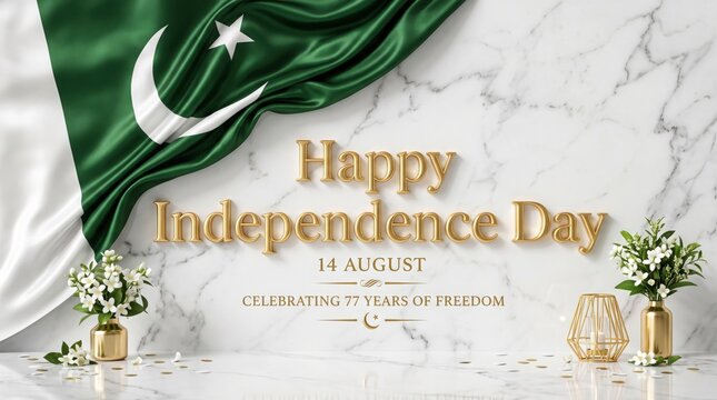Pakistan flag drapes elegantly over a white marble surface next to festive golden text celebrating Independence Day.