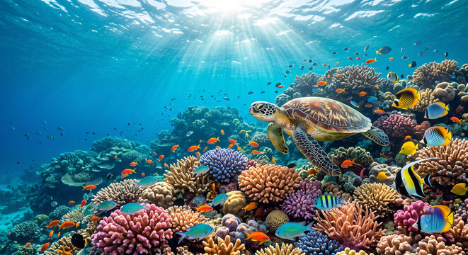 Sea turtle swimming near vibrant coral reef with tropical fish under sunbeams in clear blue ocean water