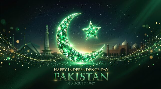 Pakistan Independence Day is celebrated with a glowing emerald crescent moon and star emblem set against a dark festive background.