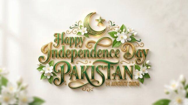 Pakistan Independence Day greeting card features elegant 3D metallic calligraphy with jasmine flowers and a crescent moon symbol to celebrate the national holiday on the fourteenth of August.