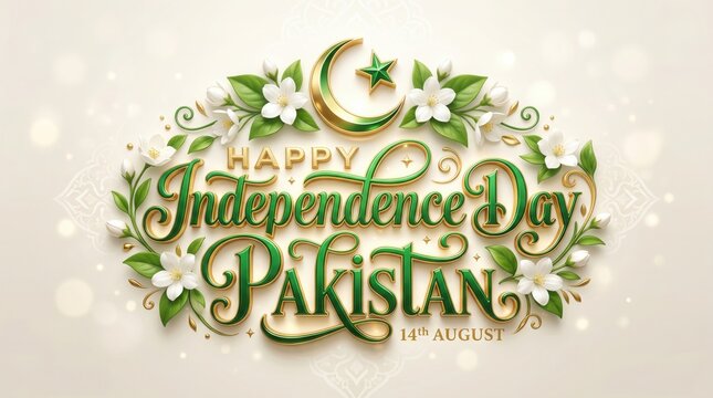 Pakistan Independence Day graphic displays ornate gold lettering with white jasmine flowers and a crescent moon symbol on a neutral background.