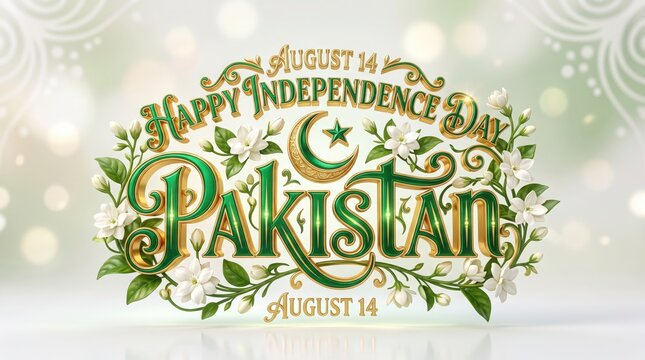 Pakistan Independence Day greeting features ornate typography decorated with white jasmine flowers and a golden crescent moon and star.
