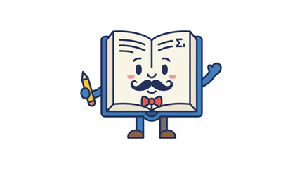Naklejka premium Cute Cartoon Book Character with Pencil and Mustache - Isolated