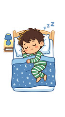 Cute Cartoon Boy Sleeping Peacefully in Bed with Nightstand Lamp