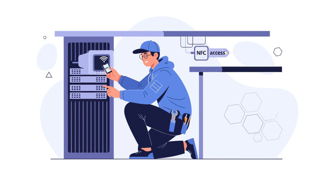 Technician using smartphone for NFC access to server rack, modern technology, data center concept