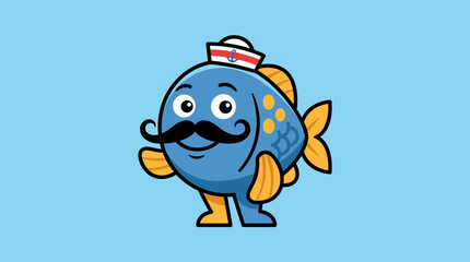Fototapeta premium Cute Cartoon Fish Character Wearing Sailor Hat and Moustache