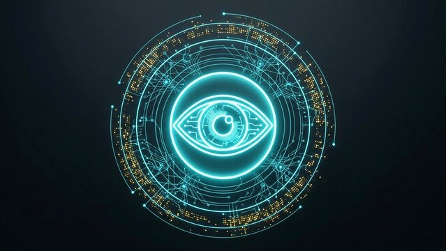 A 3D graphic of an AI security system in the form of a scanner eye, with digital circuit lines and golden data nodes glowing