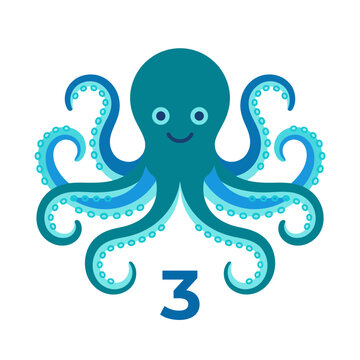 Cute Cartoon Octopus with Number 3, Isolated