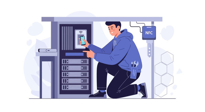 IT Technician using smartphone to manage server rack with NFC technology, data center maintenance, flat design illustration