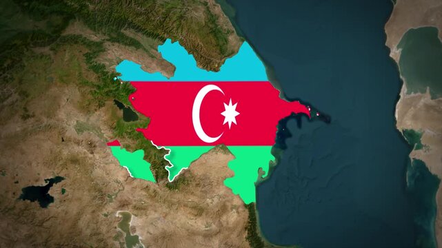 Azerbaijan Flag Map Animation, Zoom From Space to Azerbaijan, Asia Country Location Map, South Caucasus Nation on Realistic Terrain Background