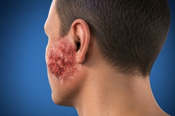 Fototapeta premium Side View Profile of Man with Severe Inflammatory Facial Skin Disease and Lesion, Cutaneous Dermatology Concept 