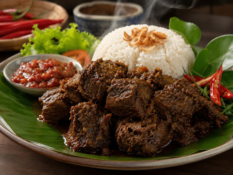 Authentic Indonesian Padang beef rendang with white rice and sambal on banana leaf