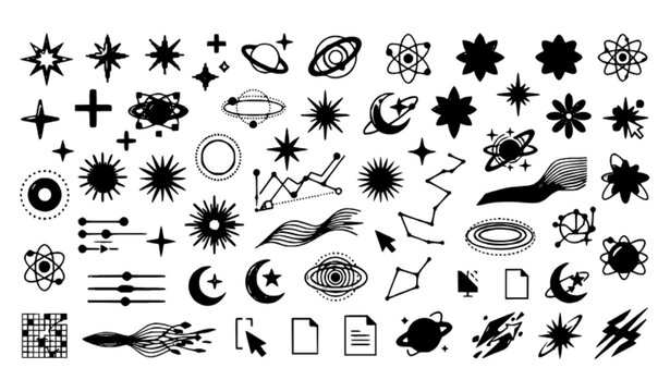 Futuristic 2000s Aesthetic Abstract Star and Sparkle Symbol Set Hand Drawn Vector Elements