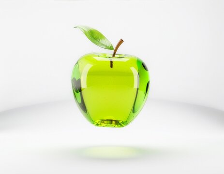 Glossy translucent green glass apple with a leaf and stem, centered on a clean white background with soft reflections and a minimal modern aesthetic.