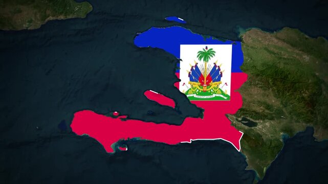 Haiti Flag Map Animation, Zoom From Space to Haiti, North America Country Location Map, Caribbean Nation on Realistic Terrain Background
