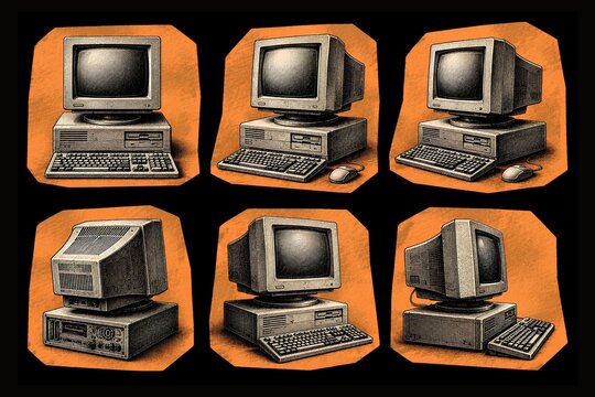 Vintage Desktop Computer Collection Engraving Style Retro Personal Computer Illustration Set