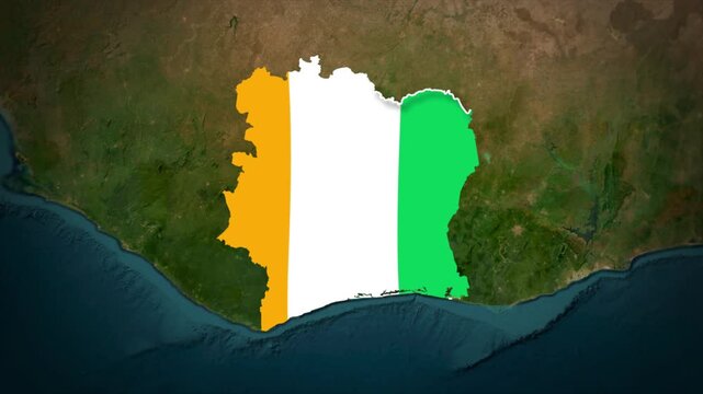 Ivory Coast Flag Map Animation, Zoom From Space to Ivory Coast, Africa Country Location Map, Republic of C&ocirc;te d'Ivoire on Realistic Terrain Background