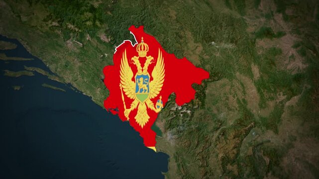 Montenegro Flag Map Animation, Zoom From Space to Montenegro, Europe Country Location Map, Balkan Nation on Realistic Terrain Background