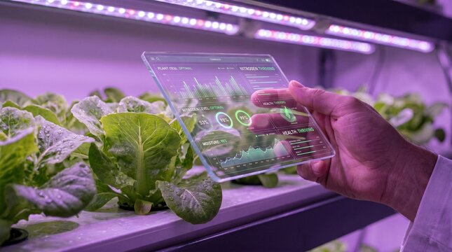 Scientist holding a transparent digital tablet to monitor plant growth in an indoor vertical hydroponic farm