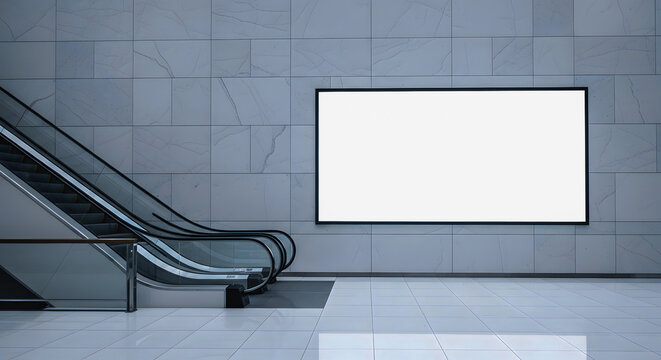 Empty Escalator Next To Large Blank Advertising Billboard In Mall Corridor, Minimalist Modern Shopping Center Wall With White Display Frame, Mockup Background