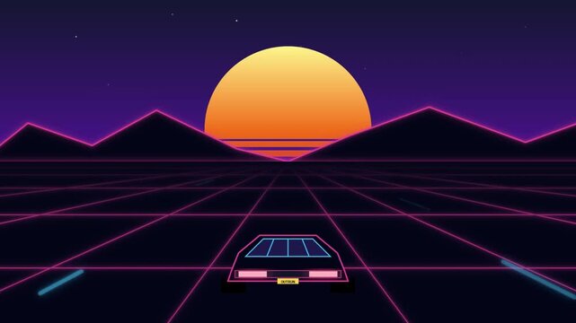 A retro synthwave animation of a sports car driving on a neon wireframe grid toward a glowing sunset horizon