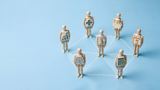 Comprehensive employee compensation package and pto network shown through wooden figures connected with vacation health and retirement icons