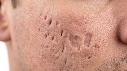 Fototapeta premium Atrophic Ice Pick and Boxcar Acne Scars Micro Texture on Male Cheek Skin