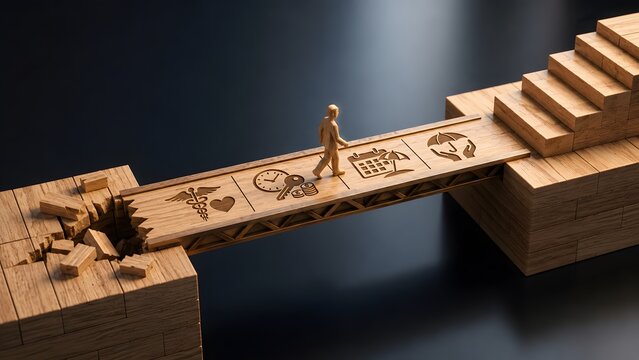 Career progression and employee benefits security concept featuring wooden figure crossing bridge over broken foundation