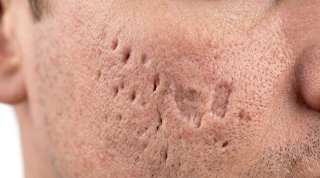 Atrophic Ice Pick and Boxcar Acne Scars Micro Texture on Male Cheek Skin