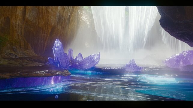 Surreal landscape with towering purple crystal formations emerging from shimmering blue water near a waterfall
