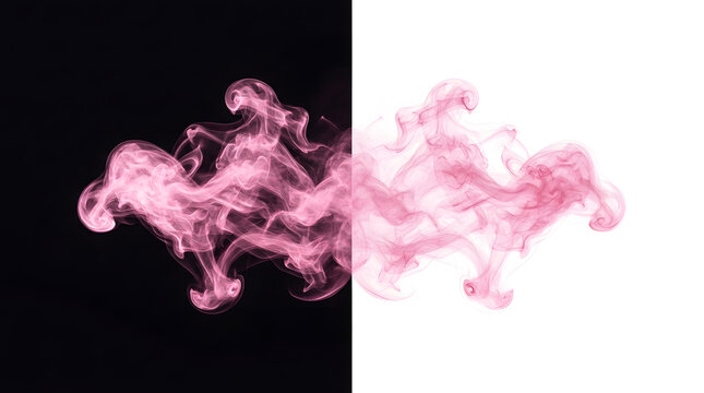 Dramatic pink smoke swirls against contrasting black and white backgrounds creating a striking visual duality and abstract effect