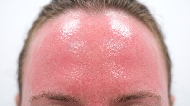 Severe Erythema Sunburn Red Shiny Inflamed Skin on Woman Forehead Macro