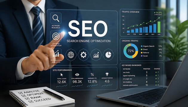 This image depicts a digital interface showing SEO strategy metrics, including keyword rankings and site traffic overviews
