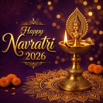 Happy navratri festive greeting background featuring traditional brass oil lamp with golden rangoli art for cultural holiday celebration