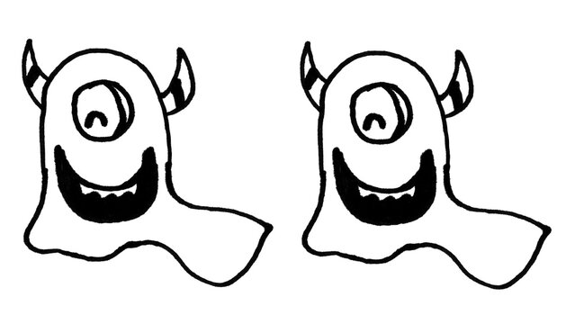 Cartoon Monster Doodle Brush Set, Hand-Drawn Black Outline One Eye Horned Blob Creature on White Background, Whimsical Cute Character Clip Art for Photoshop, PNG Transparent