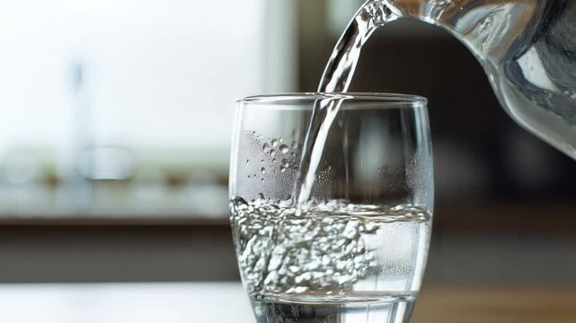 Pure water being poured from a glass pitcher into a glass