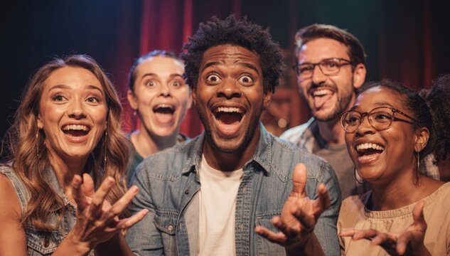 Closeup medium shot of comedic actors delivering lively performance on compact stage the emphasis on expressive faces with soft background blur enhancing playful mood for ads.