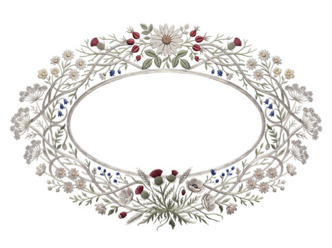 Vintage floral embroidery oval frame vector illustration with wild flowers, thistles, and berries border isolated on white background