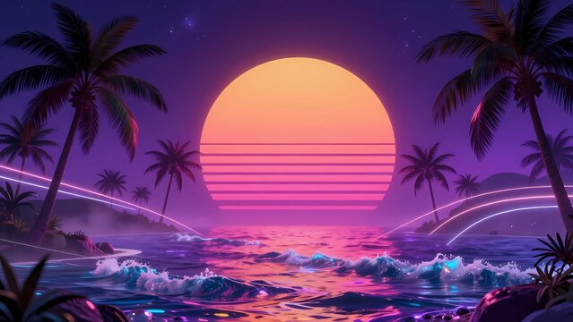 Futuristic tropical neon background with cinematic 3D illustration and vibrant synthwave coastline sunrise