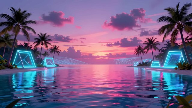 Cinematic futuristic island with vibrant neon ocean, tropical scenery, and elegant vaporwave lighting