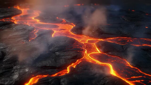 Glowing Lava Flow over Dark Volcanic Rock 4K Generative AI